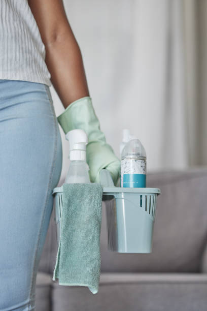 Cleaner hand, product for cleaning and fabric cloth, hygiene and cleaning service with housekeeping and glove for safety from bacteria. Chemical detergent, clean and spring cleaning with house work.